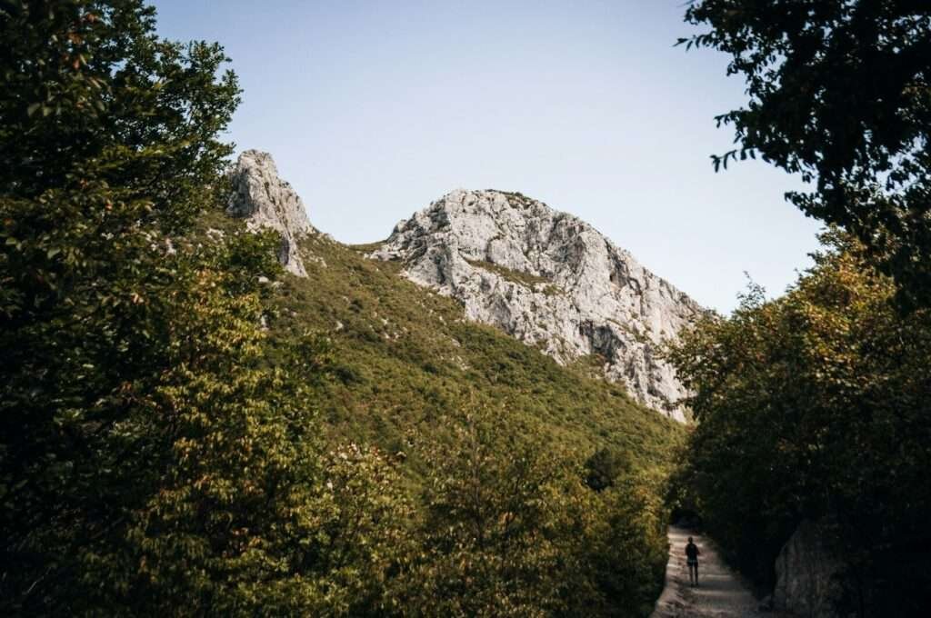 a person walking on a path in front of a mountain