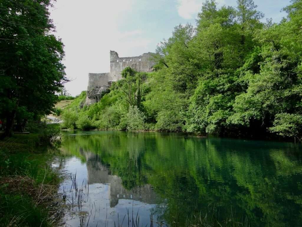 Castle ruins on a hill above a reflective river.