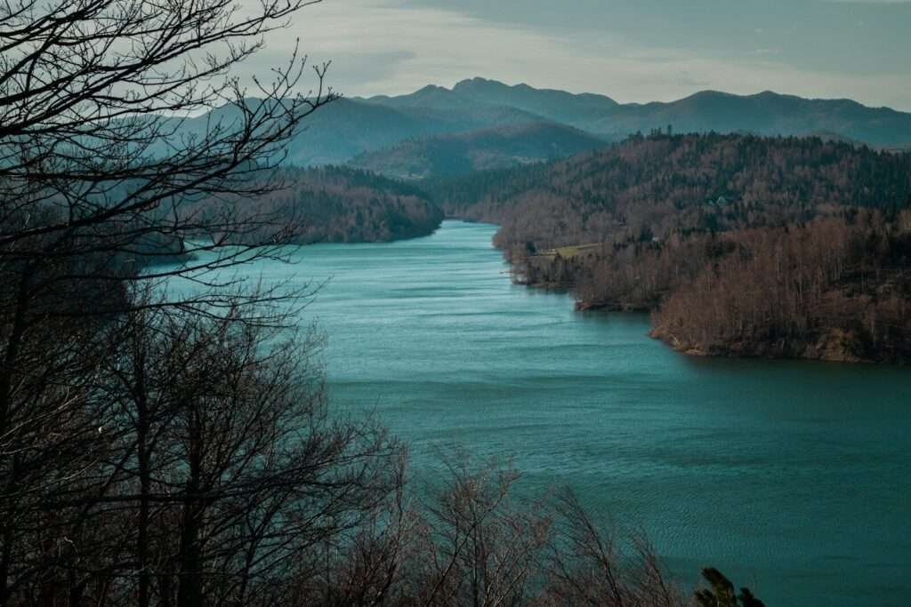 a body of water surrounded by mountains and trees